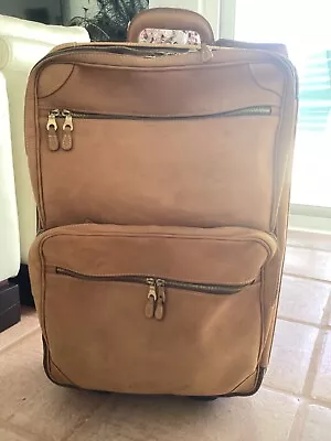 Mulholland Small Rolling Trolley Suitcase Brown Suede And Leather (25x15.5x9.5”) • $200