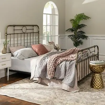 Queen Bed Frame Platform Headboard Metal Industrial Vintage Bed Antique Bronze • $505.23