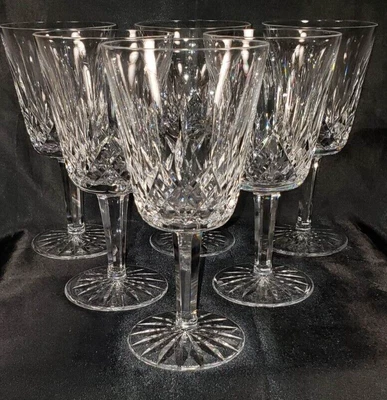 $175 • Buy Set Of 6 Waterford Crystal Lismore Water Wine Goblets 6 7/8  Glasses Signed Etch