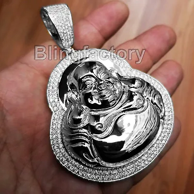 Hip Hop Iced White Gold Pt Brass Micro Pave Large Happy Buddha Bling Pendant • $41.99