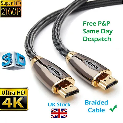 Premium 4k Hdmi Cable 2.0 High Speed Gold Plated Braided Lead 2160p 3d Hdtv Uhd • £31.95
