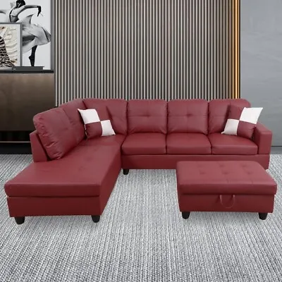 L-Shaped Sectional Sofa Set PU Leather Living Room Couch Storage Ottoman Red • $742.43