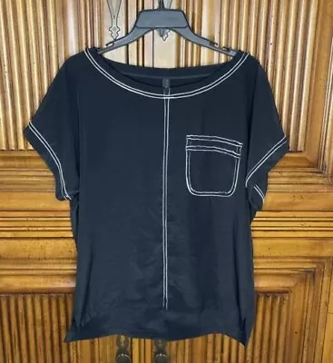 Marc Cain Women Top N4 Size 10 Black Artsy Faux Pocket Art Flowing Contrast Trim • $39.97