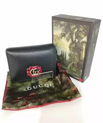 Gucci Marmont Black Leather Wallet With Red Crystal Double G 499783 0416 Boxed • $349