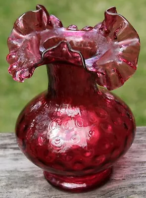 Vintage Fenton Cranberry Red Bullseye Dot Double Crimped 7  Vase • $24.99