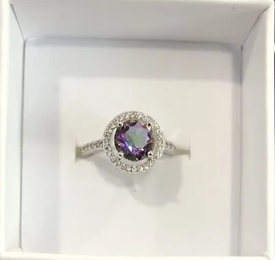 925 Sterling Silver Mystic Topaz & White Topaz Halo Ring In Size 7 • $24