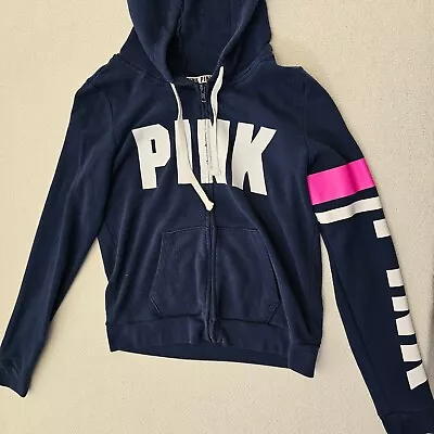 PINK Victoria Secret Blue FLEECE ZIP UP HOODIE Size L Sweatshirt • $23.99