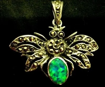 Fine Sterling Silver Fire Opal Marcasite Insect Moth Bee Bug Pendant Vtg Style • $44.20