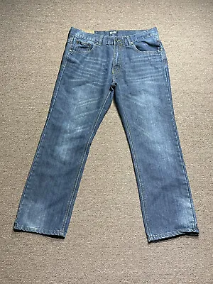 FUSAI Jeans Mens 34 Classic Straight Leg Blue Denim Embroidered Streetwear 34x30 • $20.95