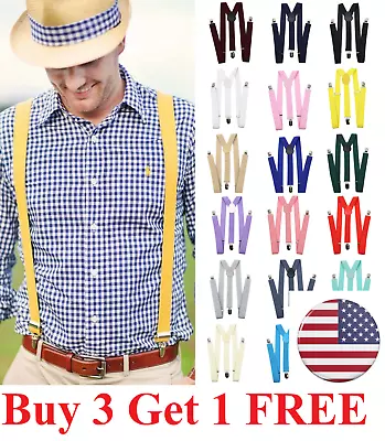 Men's Adjustable Suspenders Elastic Y-Shaped Braces Clips Pants  Solid Bow Tie • $4.99