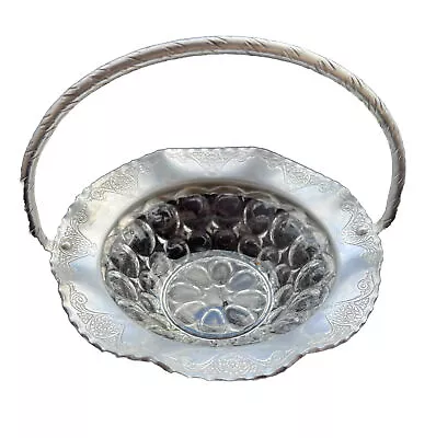 Vintage Hammered Aluminum With Thumbprint Pattern Glass Basket Candy Dish Bowl • $16