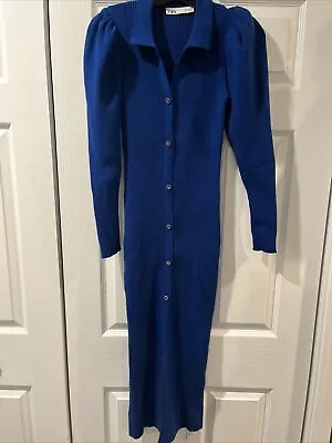 $45 • Buy Zara Women’s Jeweled Button Front Knit Puffed Sleeves Sweater Dress Blue