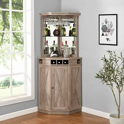 Mini Bar Corner Liquor Cabinet Wine Storage Stemware Rack Lower Cabinet Gray New • $468.88