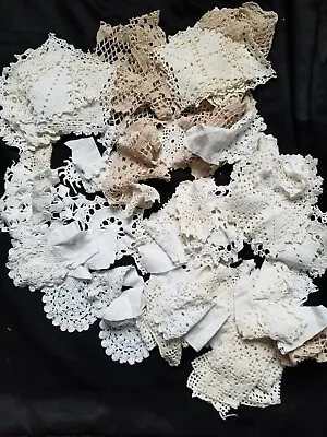 Vintage Assorted White Ivory Lace Trims Doily Fabric Slow Stitching - Lot Of 25 • $5