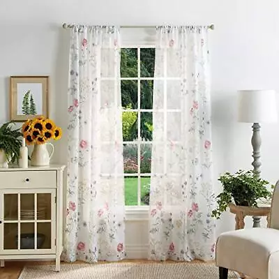 Marthas Garden Floral Semisheer Rod Pocket Window Curtain Panel Pair 84 Multi • $124.62