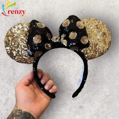 Disney Parks Headband Black & Gold Sequined Polka Dots Minnie Mouse Ears • $15.99