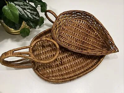 Set Of 2 Vintage 70s Leaf Shape Wicker Baskets - 18  Serving Tray + 14  L • $14