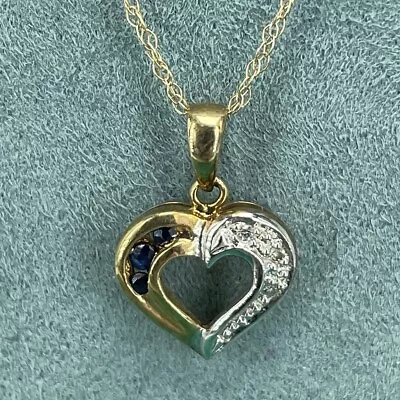 9ct Gold Diamond Sapphire Necklace Heart Pendant Dainty 375 9k Yellow/white Gold • £50