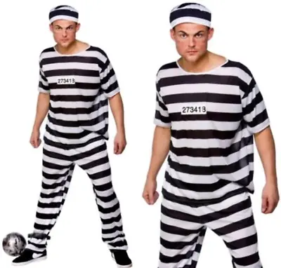 Mens Convict Costume Adults Prisoner Fancy Dress Outfit Halloween Uniform • £12.99