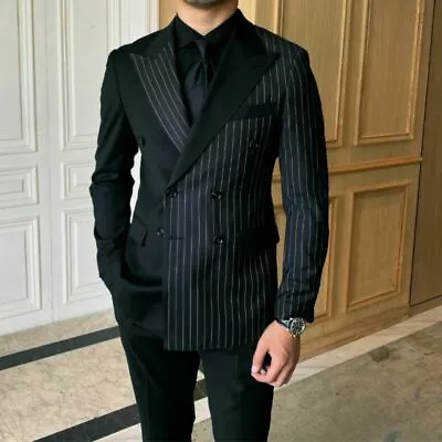 Men's Striped Suits Black Peak Lapel Double Breasted For Wedding Groom Tuxedos • $106.16