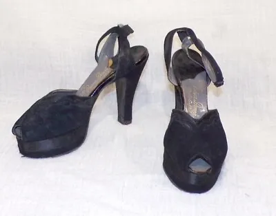 ORIG VTG 30s 40s WW2 HIGH PLATFORM BLACK SUEDE PEEP TOE DRESS SHOES SMALL SZ 5 6 • $59.93