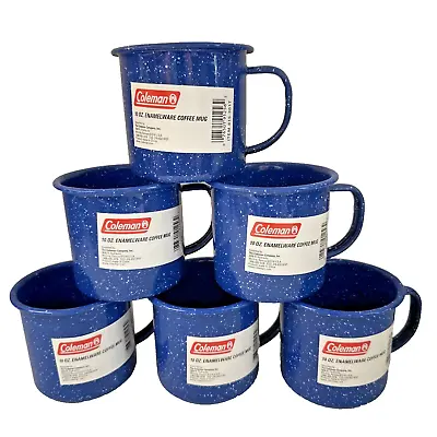 Coleman Set Of 6 Blue Enamelware Coffee Mugs Cups White Speckled 10 Oz Brand New • $18.74