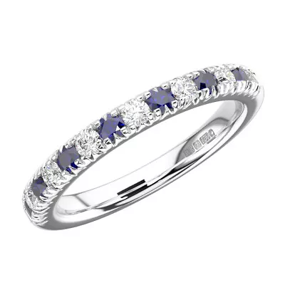 1.00 Ct Pave Set Round Diamond & Blue Sapphire Half Eternity Ring 9K White Gold • £435.76