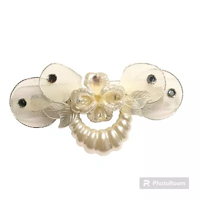 Vintage Pearlescent Acrylic Flower Hair Barrette 4  80s 90s Long Hair Rhinestone • $19.99