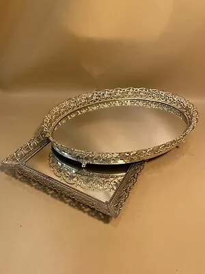 Vintage 2 Brass Toned Metal Mirror Footed Trays • $29.99