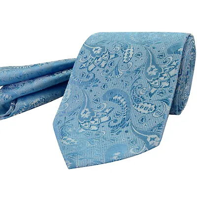 Aqua Pastel Sky Blue Tie Paisley Floral Woven White Design FREE Pocket Hanky UK • £11.95