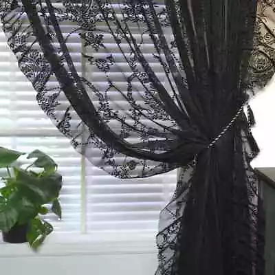 2024 Hoem Black Floral Sheer Ruffled Lace Retro Bedroom Curtains • $58.22