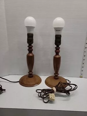 Vintage Pair Of Wooden Candlestick Table Lamps Electric 10.5  Tall Working Good • $48.65