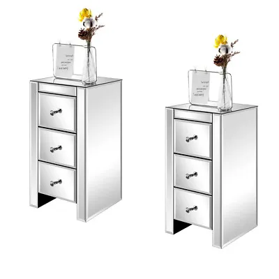 Set Of 2 Mirrored Nightstand Crystal Silver 3 Drawer Mini End Table Cabinet • $169.99