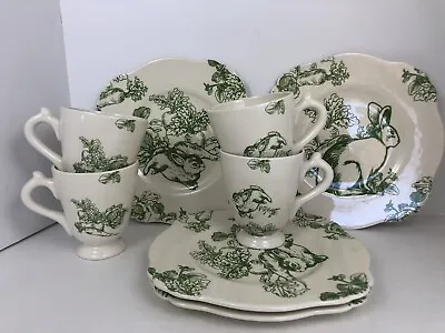 4 GREEN Bunny Toile J. Willfred 9  Desert Luncheon Plates 4 Cups Mugs Set Easter • $112.49