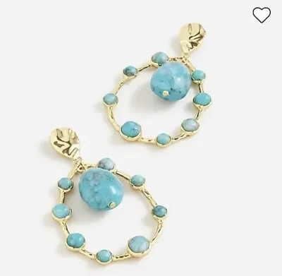 J Crew Turquoise Stone Drop Teardrop Hoop Statement Beaded Gold Earrings • $23.99