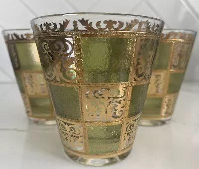 Vintage Culver Prado Barware Glasses Set Of 3 Green 22K Gold Flared MCM • $35