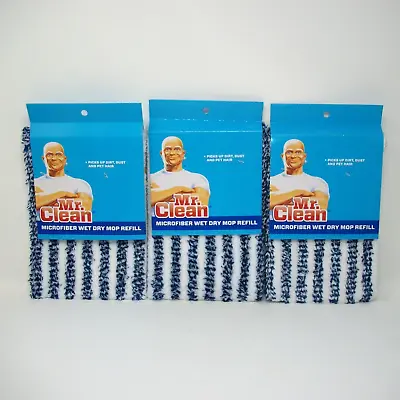 3 Mr Clean Wet Dry Mop Refill Microfiber Dark Blue White Stripe Set Lot Pad Wipe • $32.99