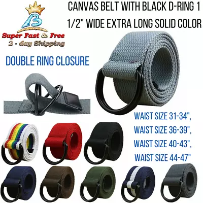 Mens Womens Canvas Belt With Black D-ring Wide Extra Long Solid Waistband New • $16.29