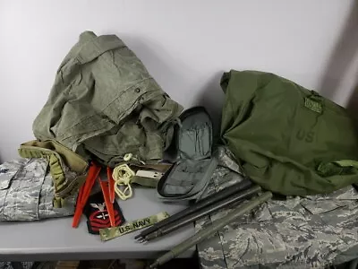 LOT Of Military Surplus Camo Gear  Half Shelter Tent Duffle Bag Ammo Belt + • $15.60