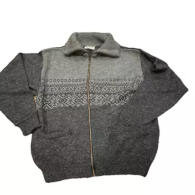 VTG Nordic Icelandic Full Zip Cardigan Sweater Ski Lodge Fair Isle Gray Black L • $46.55