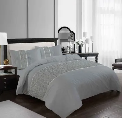 New Aurora Duvet Cover Set Ruffled Lace Sequence Easy Care Polycotton Pillowcase • £21.99