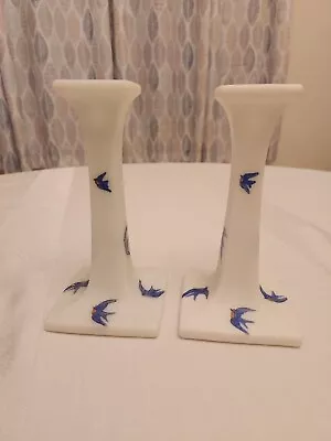 2 White Frosted Milk Glass 7  Candlesticks Painted Bluebirds • $12