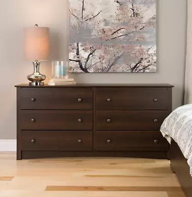 Espresso Brown 6 Drawer Wooden Dresser Chest Of Drawers Storage Modern Bedroom • $281.97