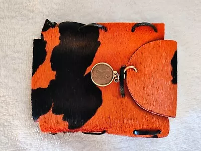 Hand Made Leather Mobile Flip Phone Case Cowhide Fur Print Orange/Black - Nice • £47.68