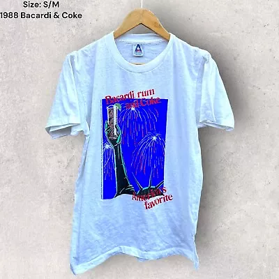 Bacardi Rum & Coke 1988 Vintage Single Stitch White T-shirt Size Medium • £43.38