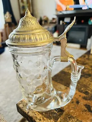 Vintage / Glass Mug Beer Stein Viking Horn Shape Pewter Lid West Germany 8” • $5.99