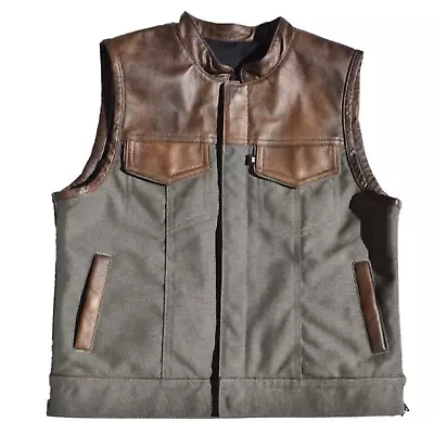 Leather Vest Distress Brown Denim Vest Mens Vest Biker Motorcycle Vest Black • $195