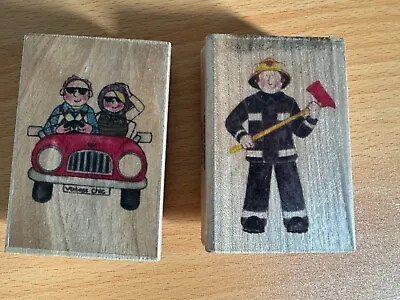 Set Of 2 - Fireman And Couple In A Car Wooden Craft Stamps 6x9cm • £3.99