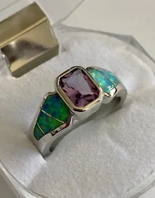 Emerald Cut Lab Created Opal White Cz Accent Bezel Set Amethyst Ring • $190