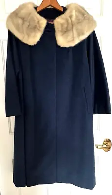 Vintage Serrano Navy Blue Wool? Coat W/ Fur Collar~~Hand Tailored Size 10ish • $45